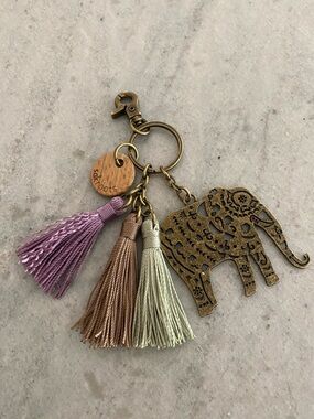 Sakroots Brass Elephant Keychain with Lavender, Taupe & Cream Tassels